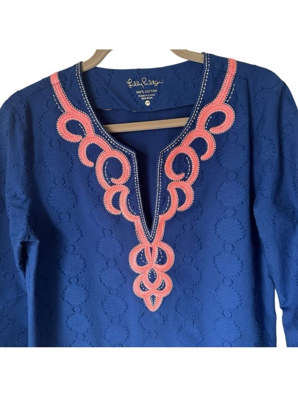 Lilly Pulitzer Amelia Island V Neck Tunic Top Navy Blue Beaded Coral Pink Med - Picture 5 of 10